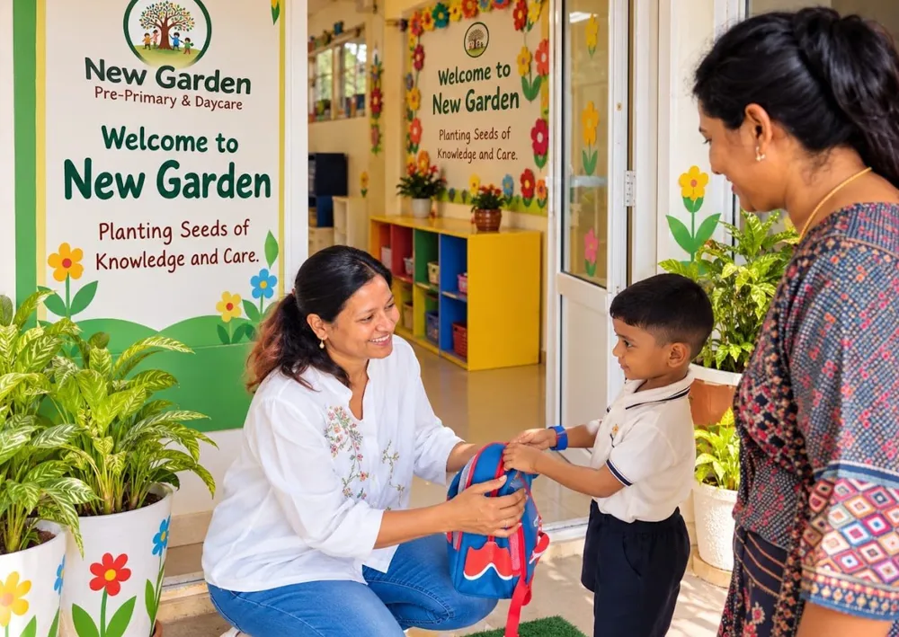 A teacher welcoming a child at New Garden